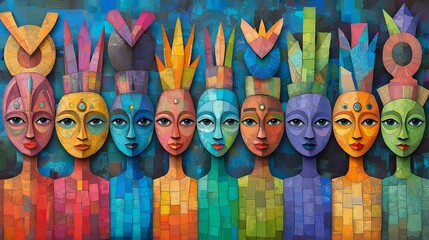 Colorful Diversity: Abstract Faces Mosaic Art. Vibrant abstract painting featuring diverse faces with geometric patterns. Multicolored mosaic-style artwork symbolizing unity in diversity