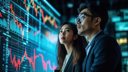 Asian man and woman in a boardroom, intensely reviewing stock market trends on a projection screen, Stock Market Analysis, Highstakes business environment