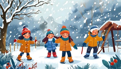 Wall Mural - Festive winter celebration with cheerful characters engaging in snow activities and enjoying a snowy wonderland