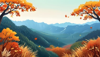 Wall Mural - Charming Autumn Landscape Illustrating the Chongyang Festival with Frosty Mountains and Vibrant Forests