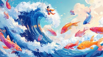 A vibrant wave with colorful fish swimming, creating a lively underwater scene full of movement and energy.