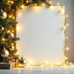 Wall Mural - christmas banner with yellow lights, green christmas tree and golden balls. copy space in the middle