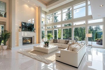 Modern open concept living room with large windows overlooking nature