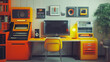 © highspirit - A stylish home office that combines futuristic design with retro aesthetics: glossy surfaces, bold shapes, and colorful vintage electronics placed alongside modern tech