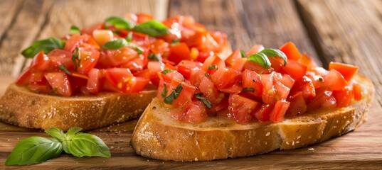 Close Up, Two Slices Of Bruschetta Topped With Fresh Tomatoes, Basil, And Garlic, On A Rustic Wooden