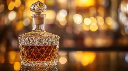 A close-up of whiskey in a crystal decanter, symbolizing elegance and luxury, with a warm, blurred bar in the background.