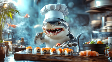 Humorous shark in chef's hat attempting to prepare sushi.