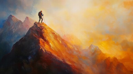 Wall Mural - Man climbing a mountain,oil painting,light