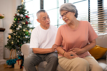 Wall Mural - Grandfather and grandmother are giving each other a relaxing massage while waiting to meet their children and grandchildren, who will join them for a meal during the Christmas holiday at home