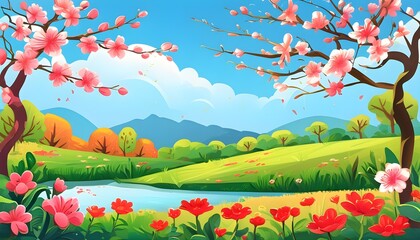 Sticker - Vibrant Spring Festival Outdoor Landscape Cartoon Illustration Celebrating the Arrival of Spring