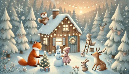 In a snowy forest, woodland animals like a fox, deer, and rabbit gather in front of a small wooden cottage, building a snowman and hanging lights to prepare for a joyful Christmas celebration.