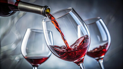 Isolated red wine pouring into a wineglass, splashing liquid 