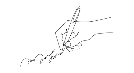 Aufkleber - Hand holding pen and writing in one continuous line drawing. Letter and diary concept in simple linear style. School lesson symbol in editable stroke. Doodle vector illustration