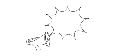 Poster - One continuous line drawing of loudspeaker bullhorn with speech balloon. Megaphone speaker symbol of marketing promotion in simple linear style. Hiring and job offer concept. Vector illustration