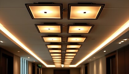 Stylish modern square ceiling light fixture illuminating a hallway with a cozy warm glow