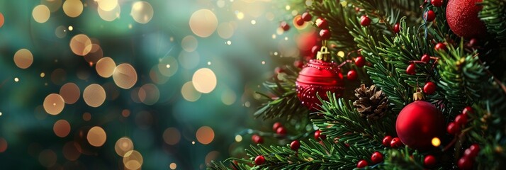 Wall Mural - a beautifully decorated christmas tree with red ornaments and berries, surrounded by a soft bokeh li