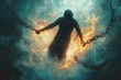 © julija - dramatic spiritual warfare scene silhouetted figure breaking free from shadowy chains surrounded by ethereal light battling encroaching darkness powerful allegory of inner struggle