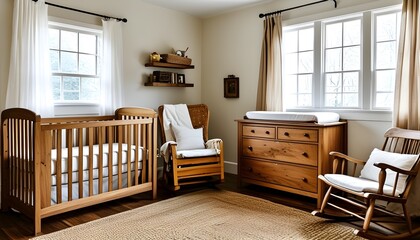 Cozy rustic nursery adorned with wooden crib, dresser, and rocking chair, highlighted by a woven rug and sunlight pouring through the window