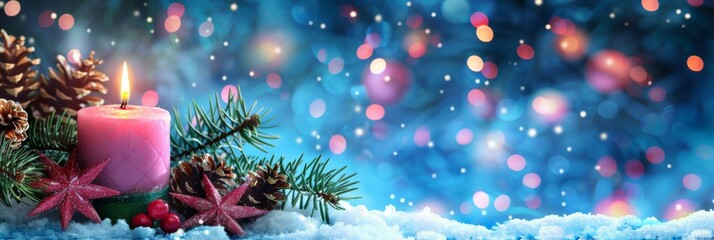 Wall Mural - immerse yourself in the holiday spirit with a pink candle and festive decor set against a sparkling 