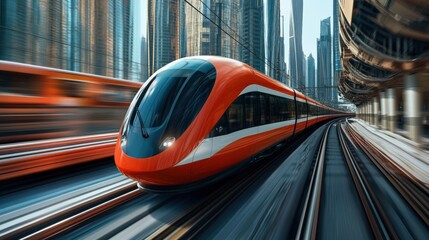 High-speed electric train moving through urban landscape