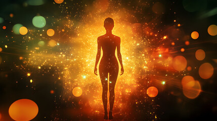 A abstract female figure stands tall surrounded by glowing lights and particles creating a mystical atmosphere filled with energy and warmth