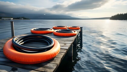 Wall Mural - Vibrant orange and black hoses coiled gracefully along a dock beside shimmering water