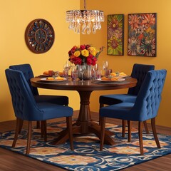 Vibrant and Cheerful Dining Room with Round Table, Blue Chairs, and Floral Centerpiece