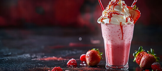 Frozen creamy strawberry rhubarb milkshake with whipped cream rhubarb and strawberries on a copy space image