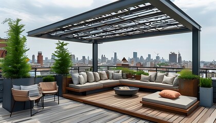 Wall Mural - Chic rooftop patio showcasing cityscape views under an industrial metal pergola, complete with a wooden deck and stylish comfortable seating