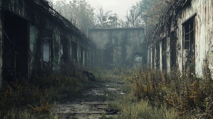 Wall Mural - Create a 3D environment of a post-apocalyptic world, with ruined buildings, overgrown vegetation, and a hauntingly desolate atmosphere.