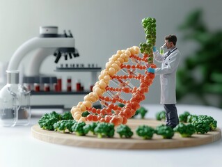 Scientist examining DNA model made of vegetables, concept for healthy lifestyle and genetic research.