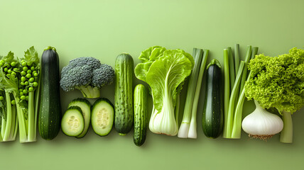 Wall Mural - Knolling of spring vegetables: isolated light green backdrop. 