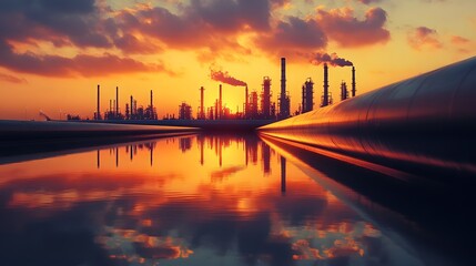 A sunset over a city skyline with a large oil refinery in the background. The sky is orange and the water is reflecting the sky