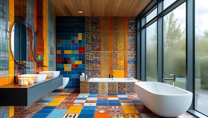 Vibrant modern bathroom featuring colorful tiled flooring, spacious windows, and a luxurious bathtub