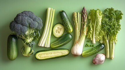 Wall Mural - Knolling of spring vegetables: isolated light green backdrop. 