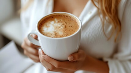 Poster - A woman enjoys a warm cup of coffee while relaxing at home in the morning light