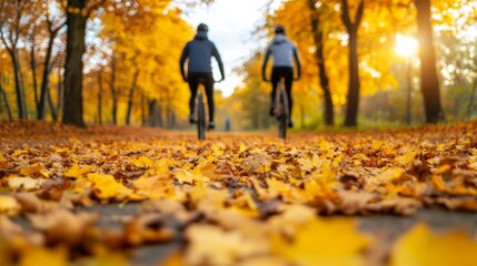 Canvas Print - Autumn park path covered in leaves with cyclists passing by, vivid hues of orange and yellow all around 