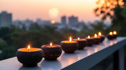 Canvas Print - Balcony lit with rows of diyas and colorful lanterns for Diwali, overlooking a city skyline with fireworks in the distance 