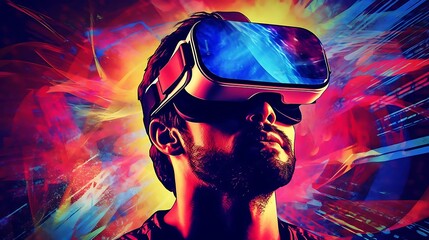 A man wearing virtual reality goggles amidst vibrant, colorful abstract patterns.