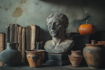 spooky halloween corner with ancient bust crying black tears, old books, and pottery on a rustic table