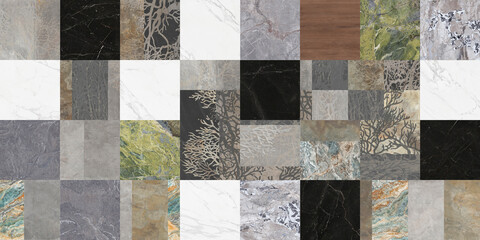 Wall Mural - Creative patchwork pattern stone ceramic wallpaper design. White marble