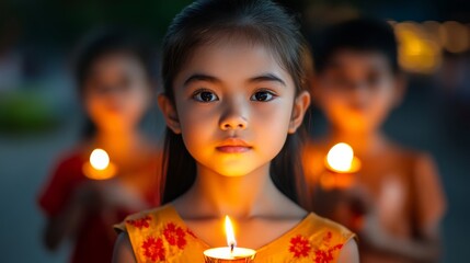 Wall Mural - Children holding krathongs, their faces lit by candlelight, with a traditional Thai temple in the background, Loy Krathong festival night 