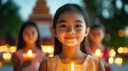 Canvas Print - Children holding krathongs, their faces lit by candlelight, with a traditional Thai temple in the background, Loy Krathong festival night 