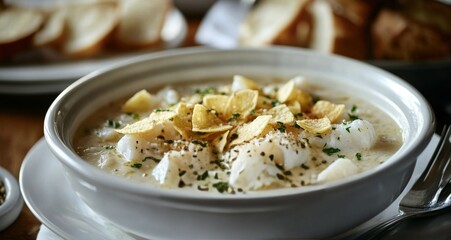 Sticker - Creamy potato soup topped with crunchy chips and herbs served in a rustic bowl with bread