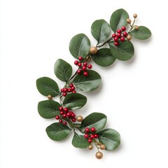 Canvas Print - Christmas garland of artificial eucalyptus with tiny red and gold beads isolated on a white background 