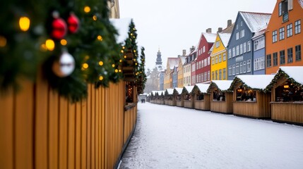 Poster - Christmas market at the Copenhagen Nyhavn waterfront, with wooden stalls, festive decorations, and snow-covered colorful buildings 