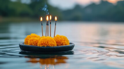 Sticker - Close-up of a beautifully crafted krathong with marigold flowers, incense sticks, and a lit candle, with reflections on the water 