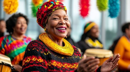 Poster - Community Kwanzaa celebration with a large drum circle, people clapping and dancing, under colorful hanging decorations 