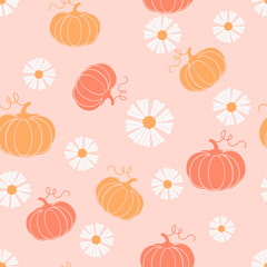 Canvas Print - Thanksgiving seamless pattern with pumpkin and cute flower on pink background vector.