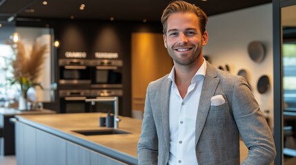 A man is smiling in front of a kitchen with a counter and a sink. He is wearing a suit and tie